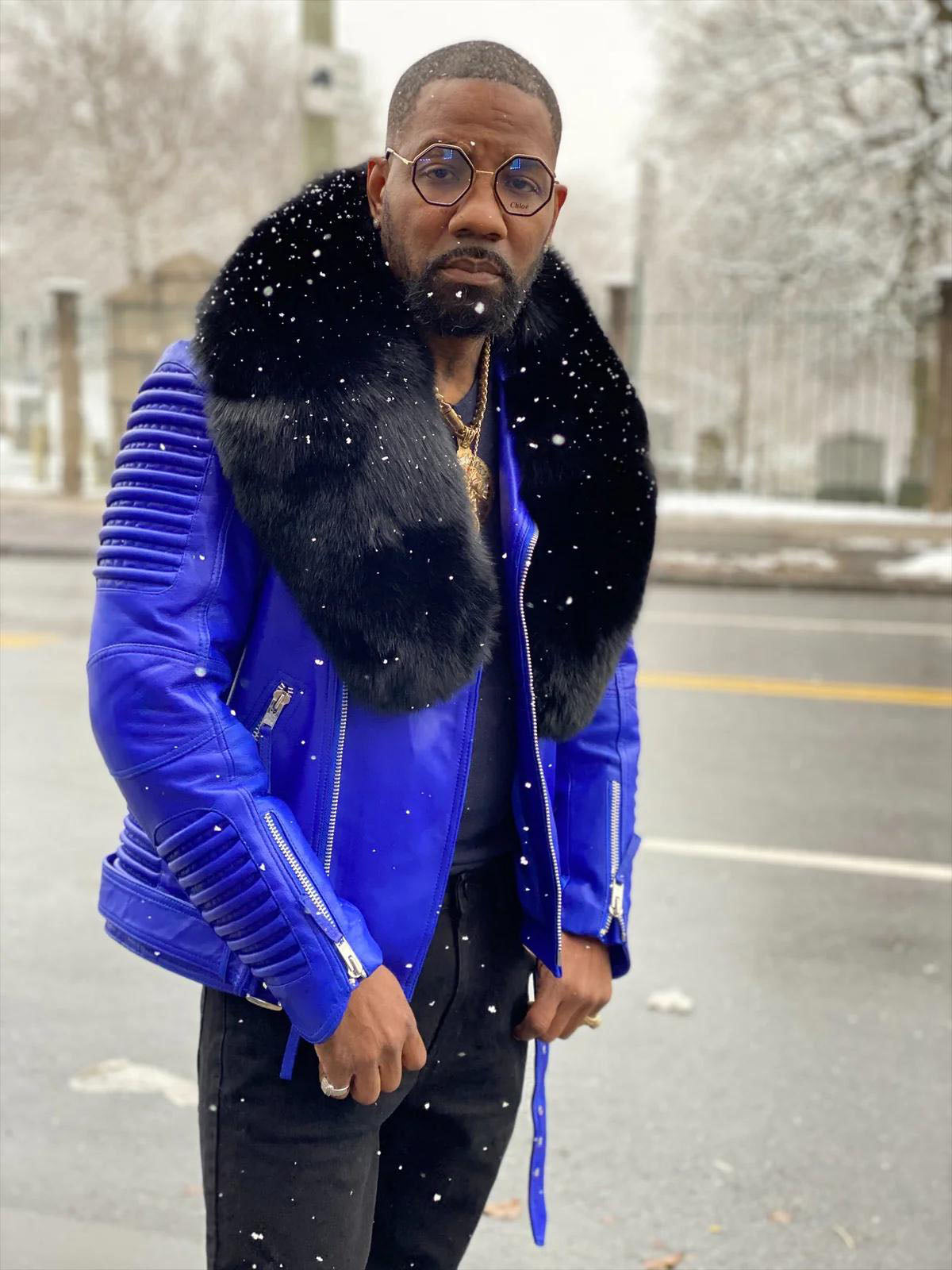 Men's Trey Biker With Fur Collar Leather Jacket [Blue]