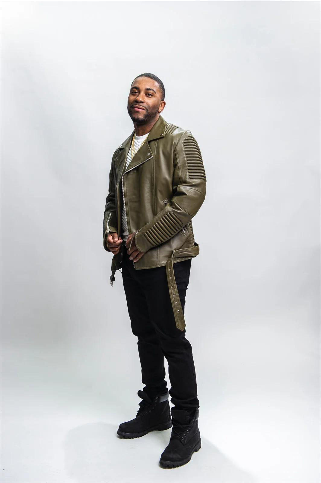 Men's Trey Biker Over-sized Leather Jacket [Olive]