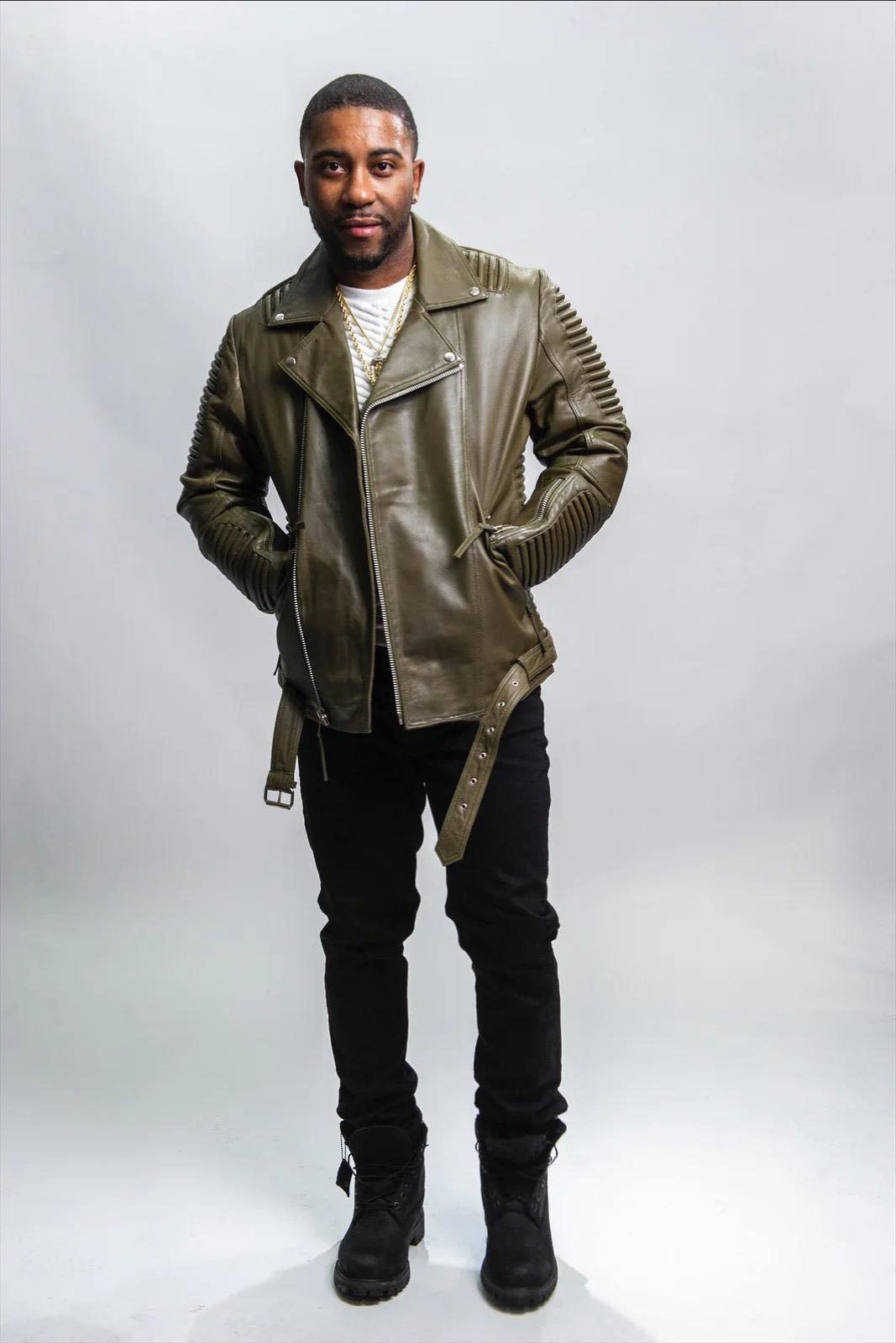 Men's Trey Biker Over-sized Leather Jacket [Olive]