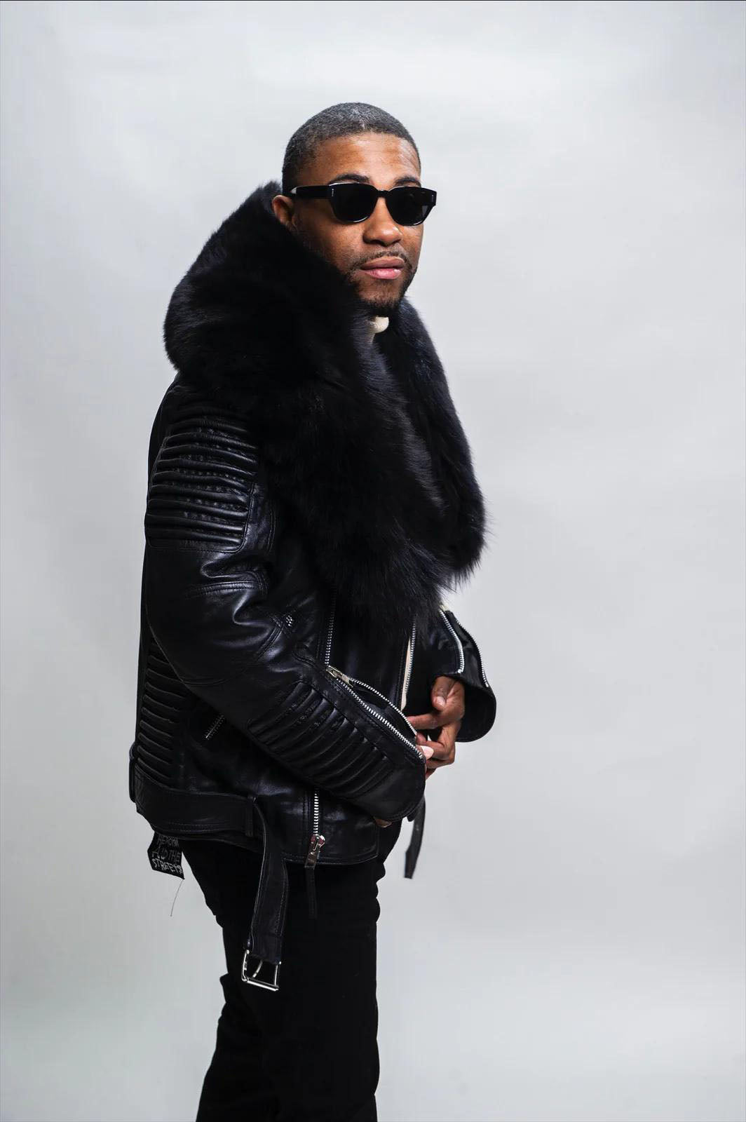 Men's Trey Biker With Fur Collar Leather Jacket [black]