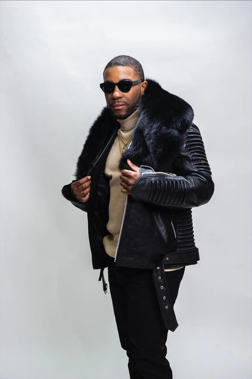 Men's Trey Biker With Fur Collar Leather Jacket [black]