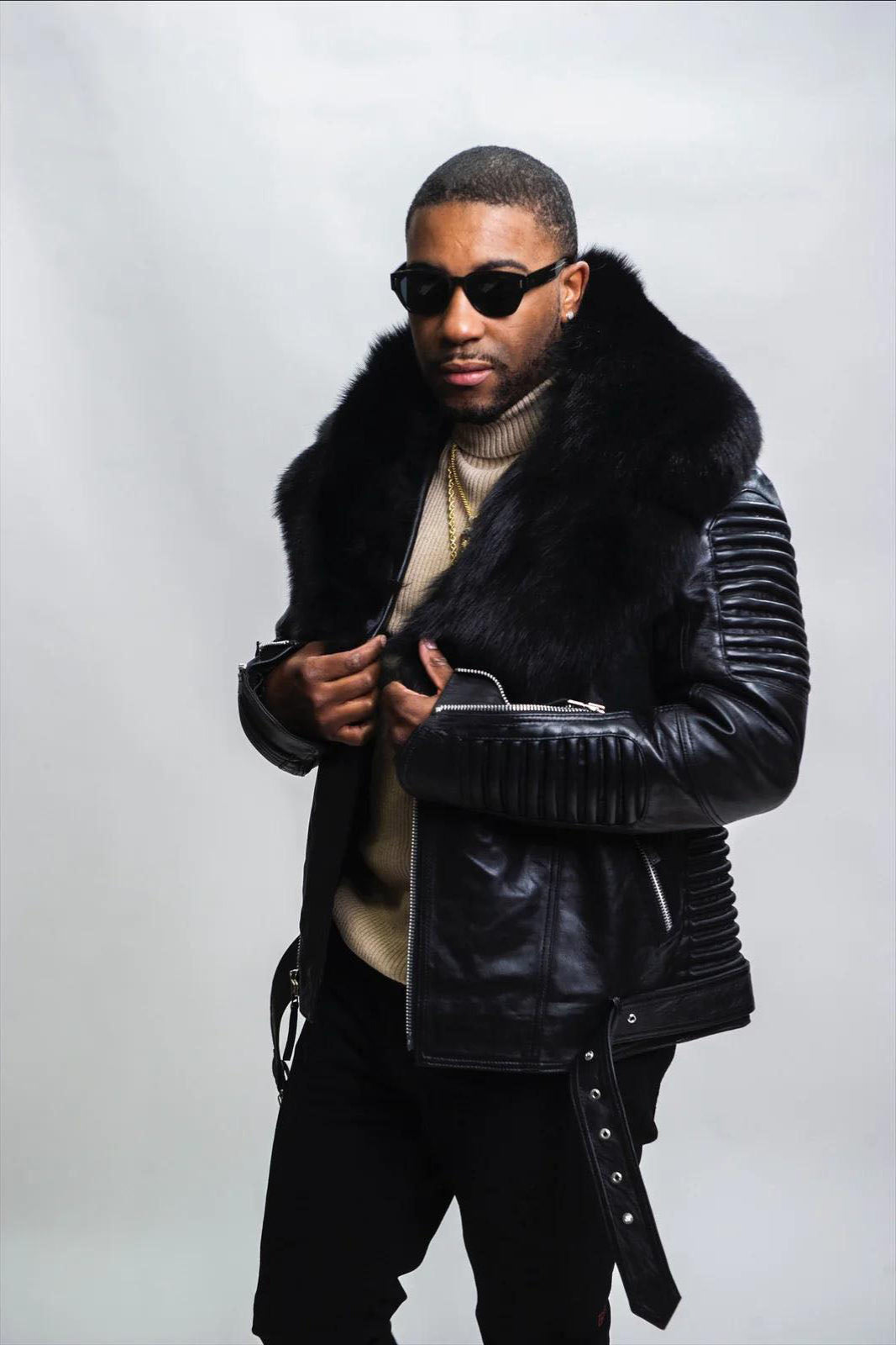 Men's Trey Biker With Fur Collar Leather Jacket [black]