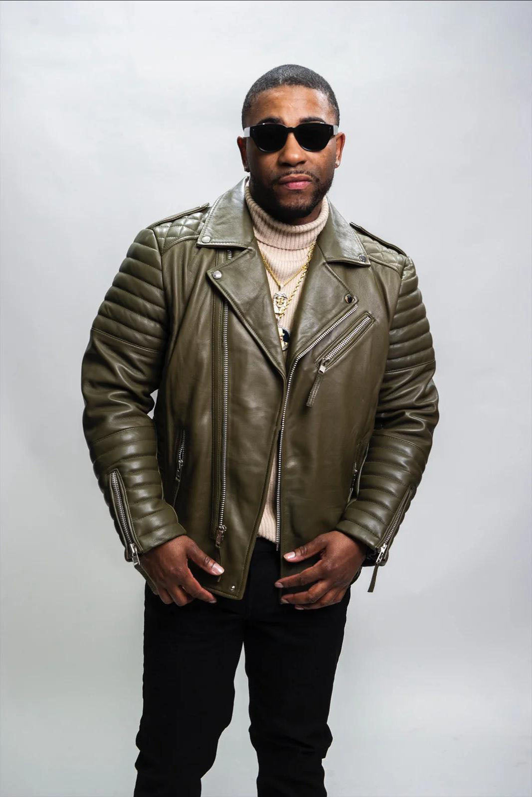 Men's Jay Biker Over-sized Leather Jacket [Olive]