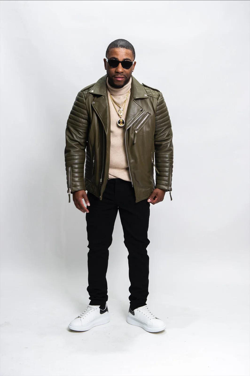 Men's Jay Biker Over-sized Leather Jacket [Olive]