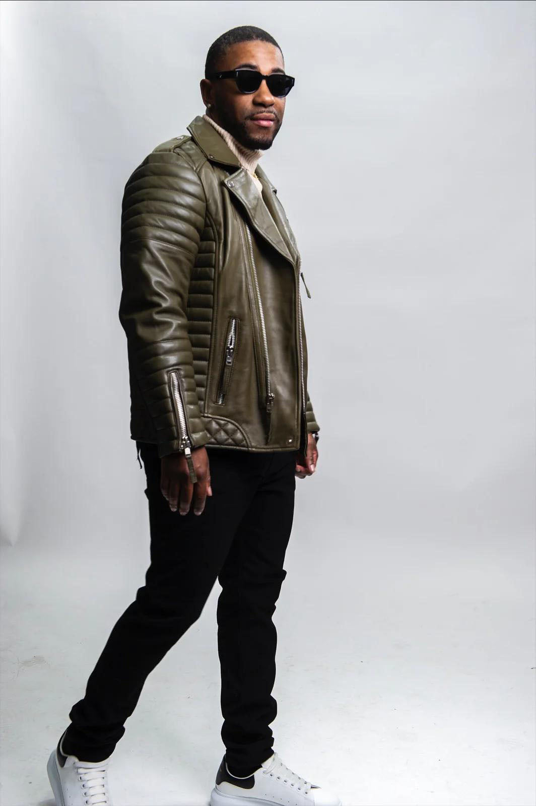 Men's Jay Biker Over-sized Leather Jacket [Olive]