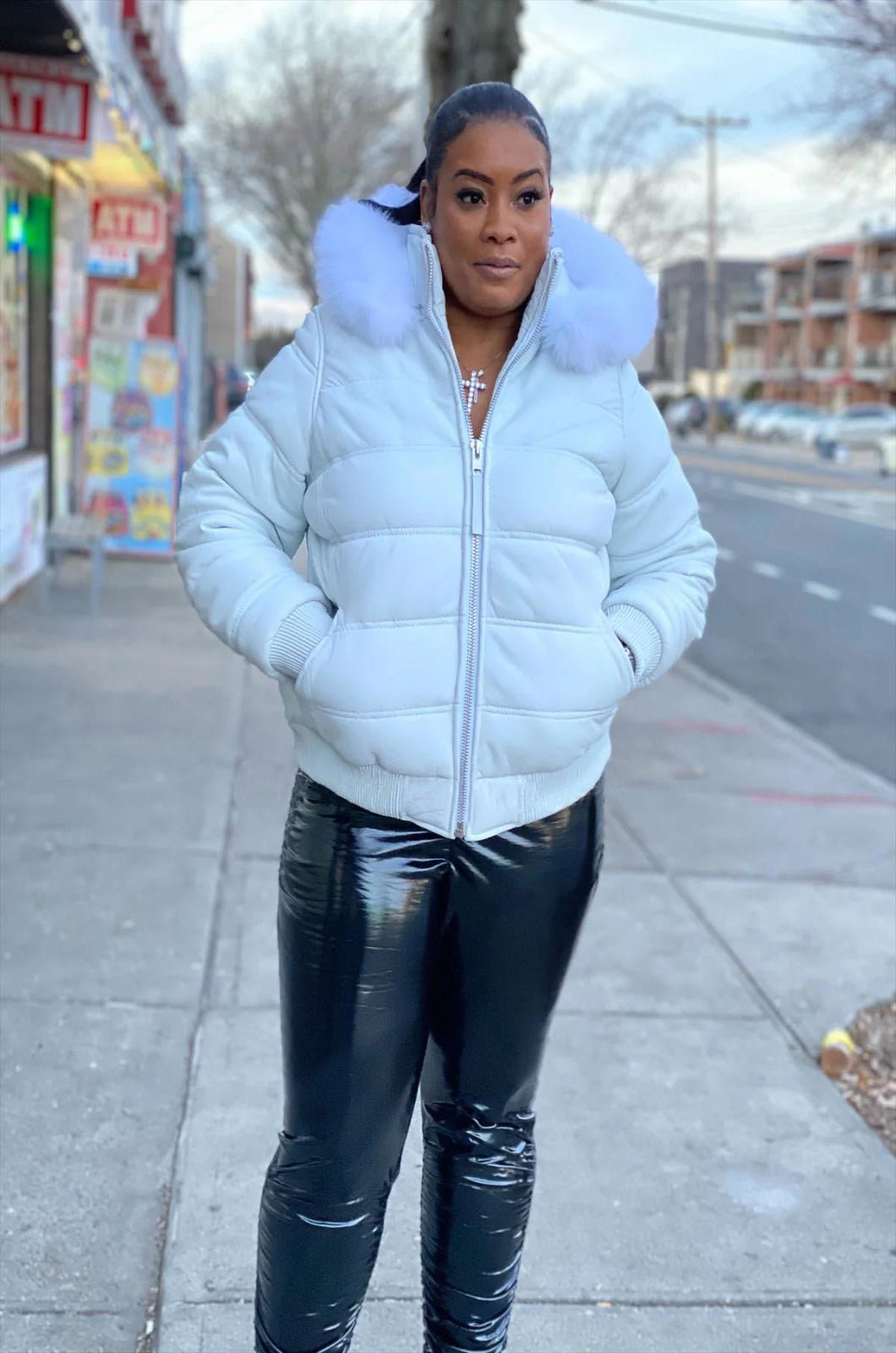 Women's Genuine Leather Fur Hood Bomber Jacket [White]