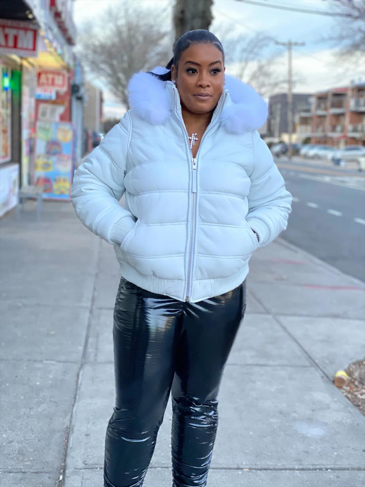 Women's Genuine Leather Fur Hood Bomber Jacket [White]