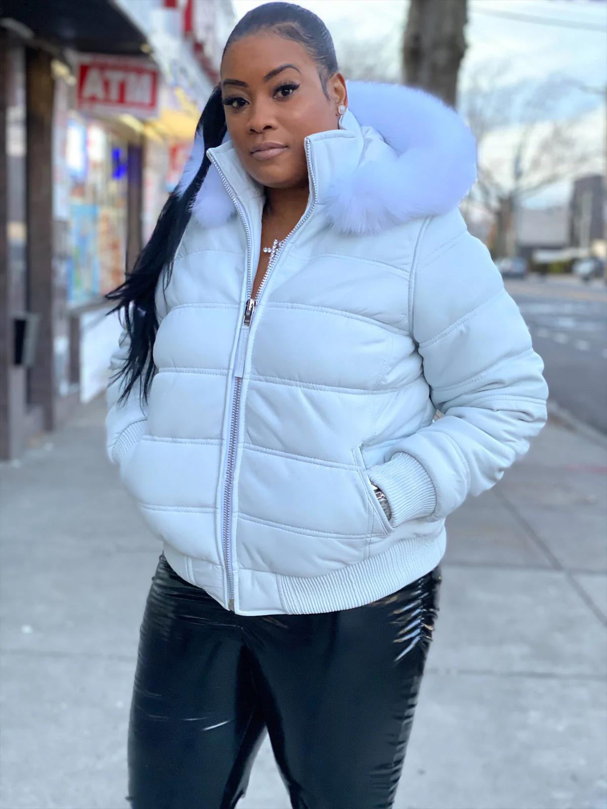 Women's Genuine Leather Fur Hood Bomber Jacket [White]
