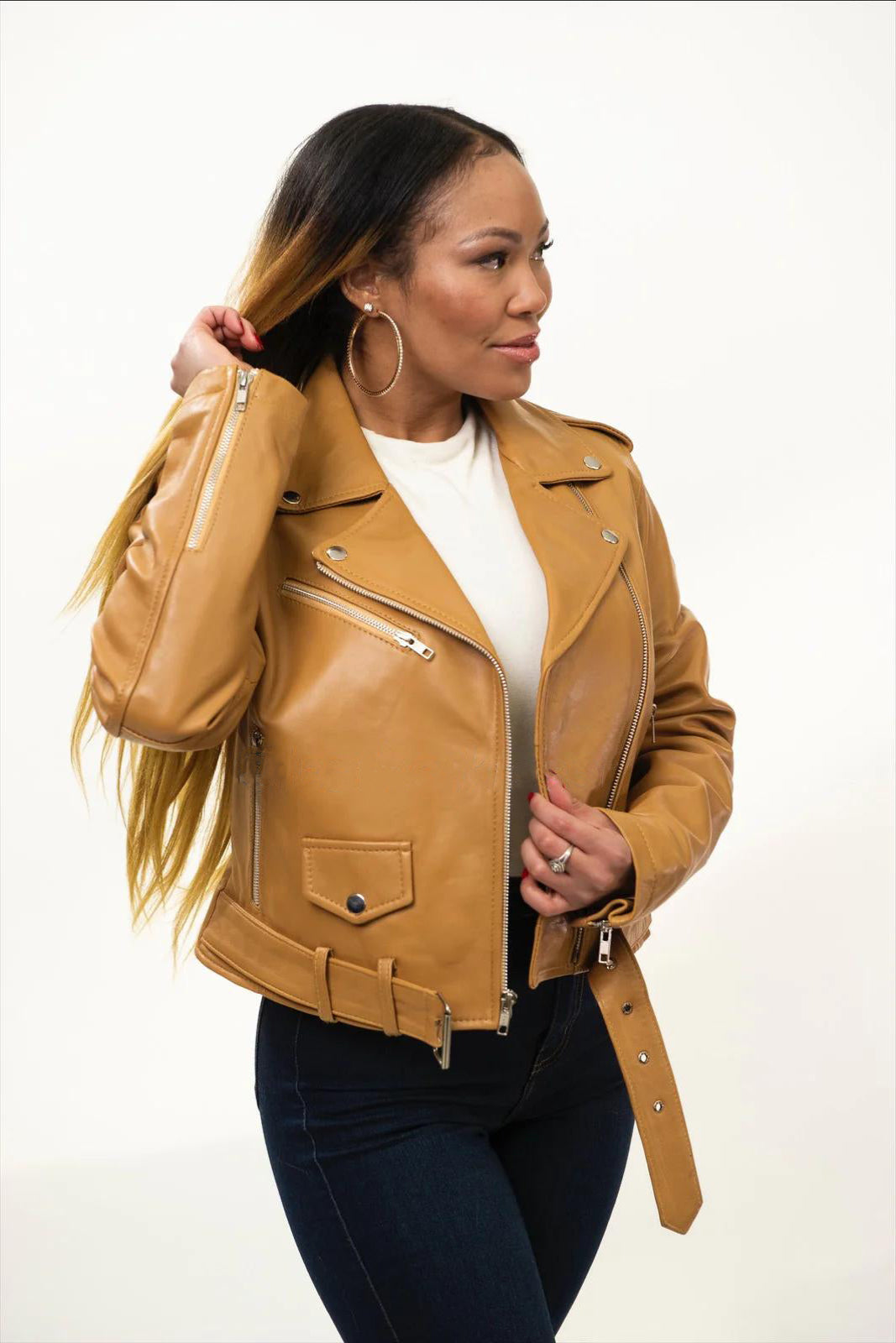 Women's Classic Biker Leather Jacket [Caramel Brown]