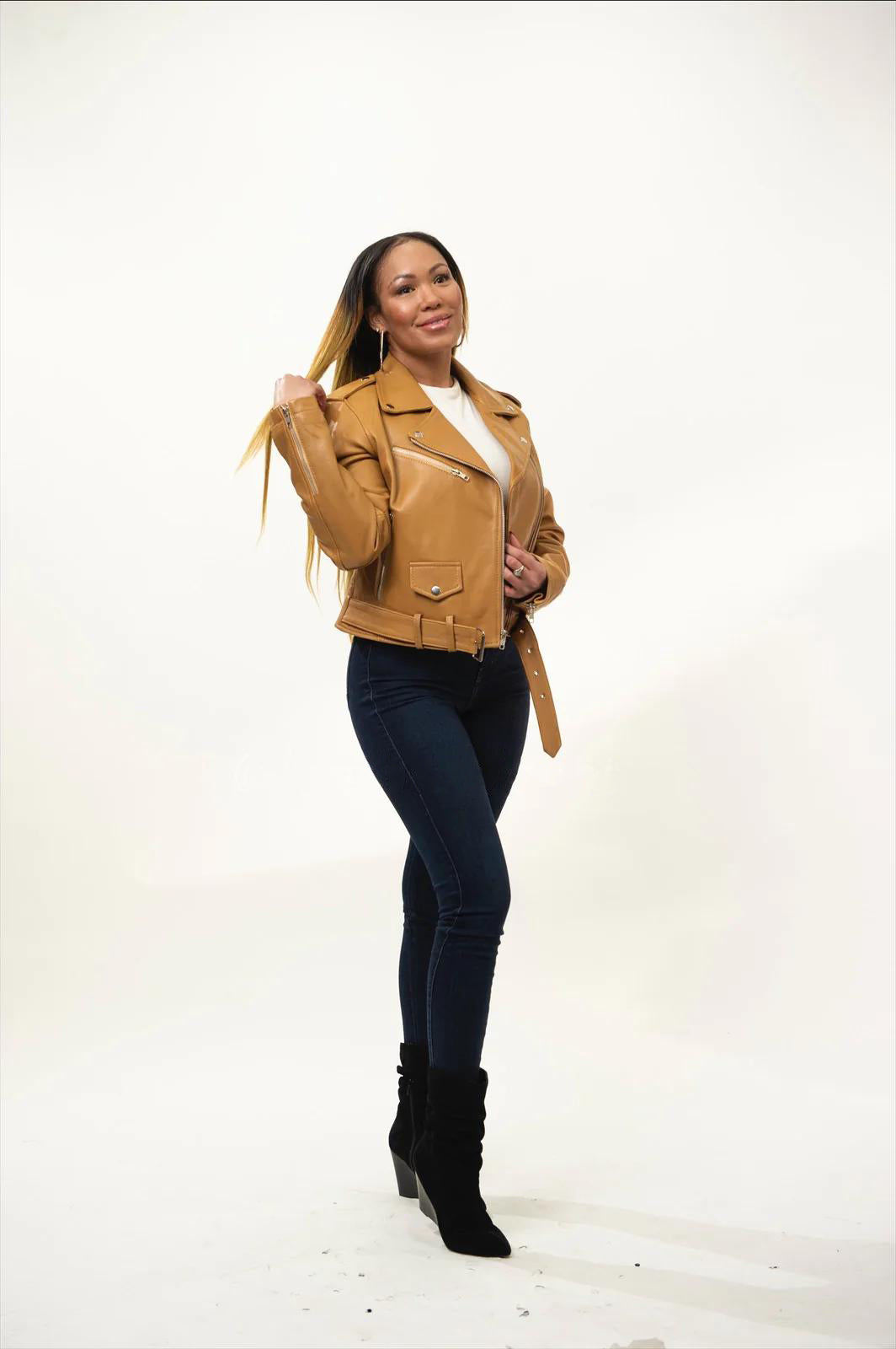 Women's Classic Biker Leather Jacket [Caramel Brown]