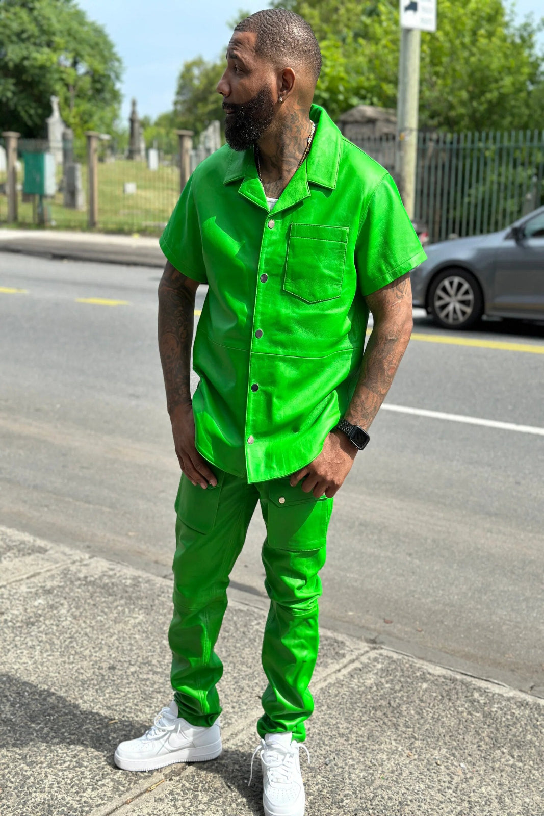 Men's Leather Short Sleeve Shirt And Cargo Pants Track Suit [Green]