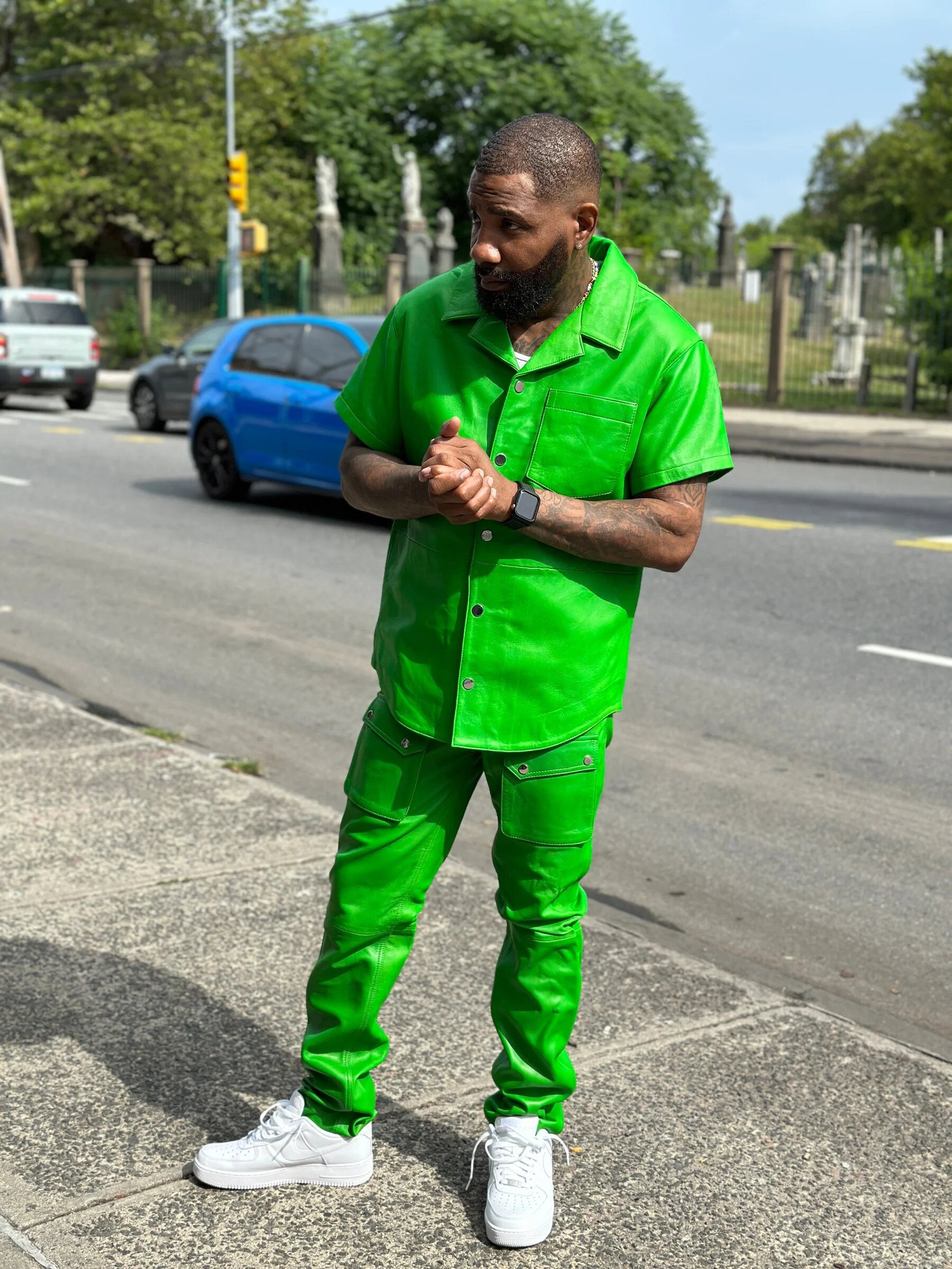 Men's Leather Short Sleeve Shirt And Cargo Pants Track Suit [Green]