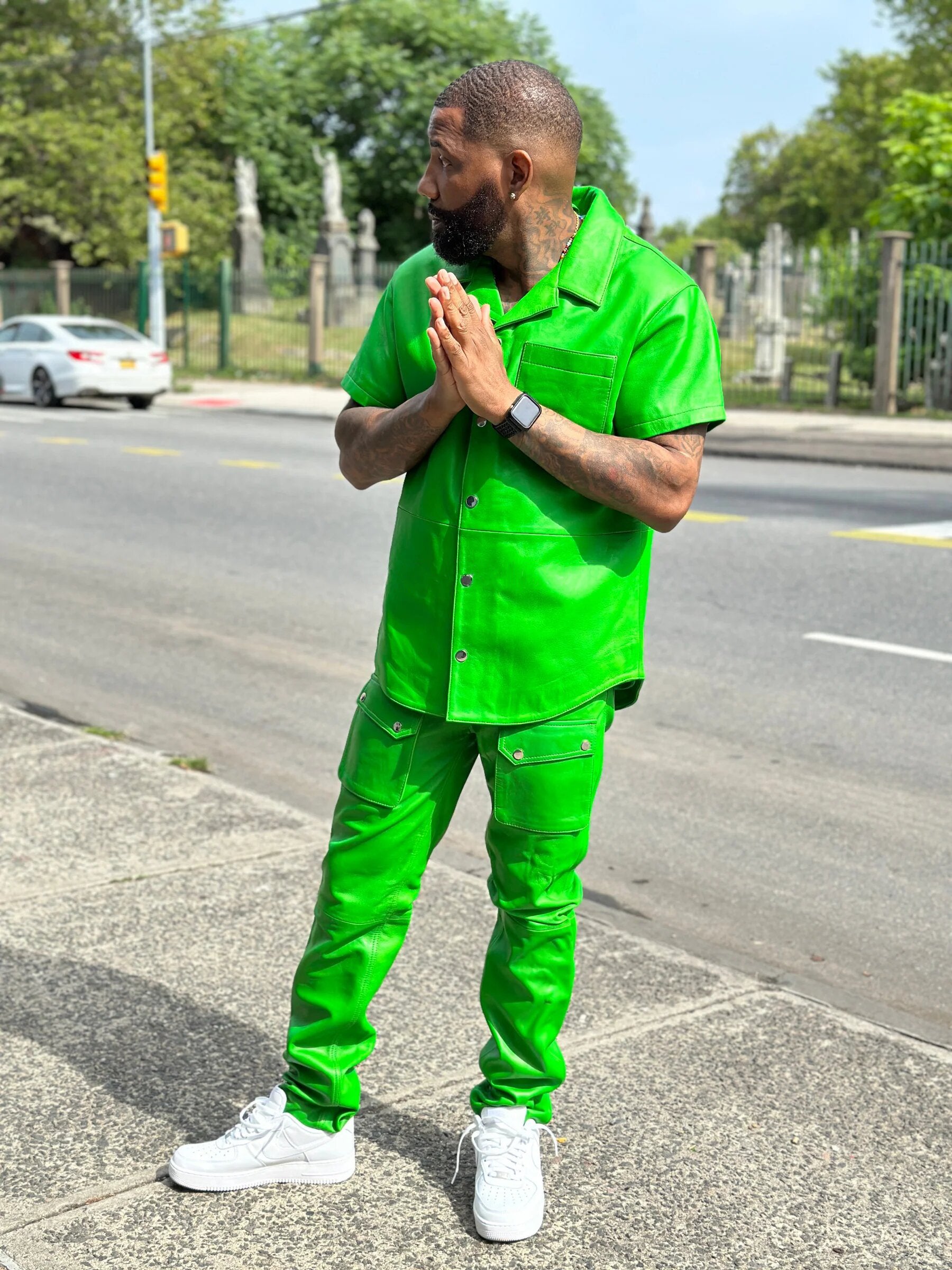 Men's Leather Short Sleeve Shirt And Cargo Pants Track Suit [Green]