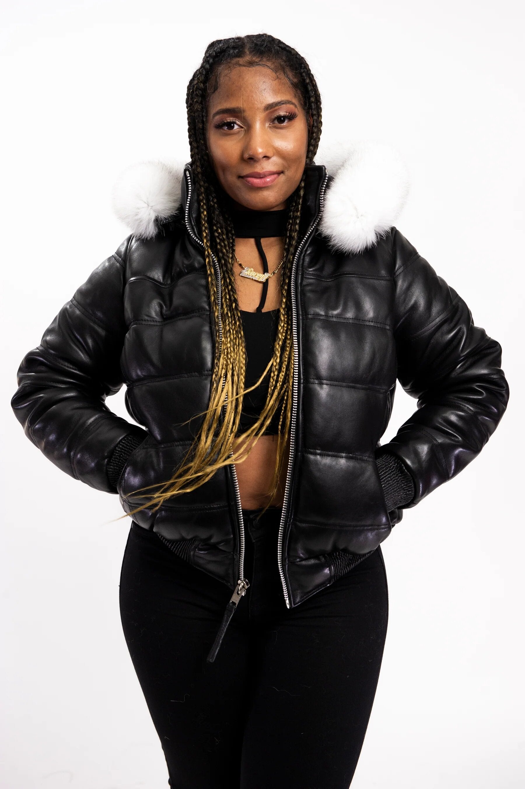 Women's Leather Snorkel Fur Hood Bomber Jacket [Black]