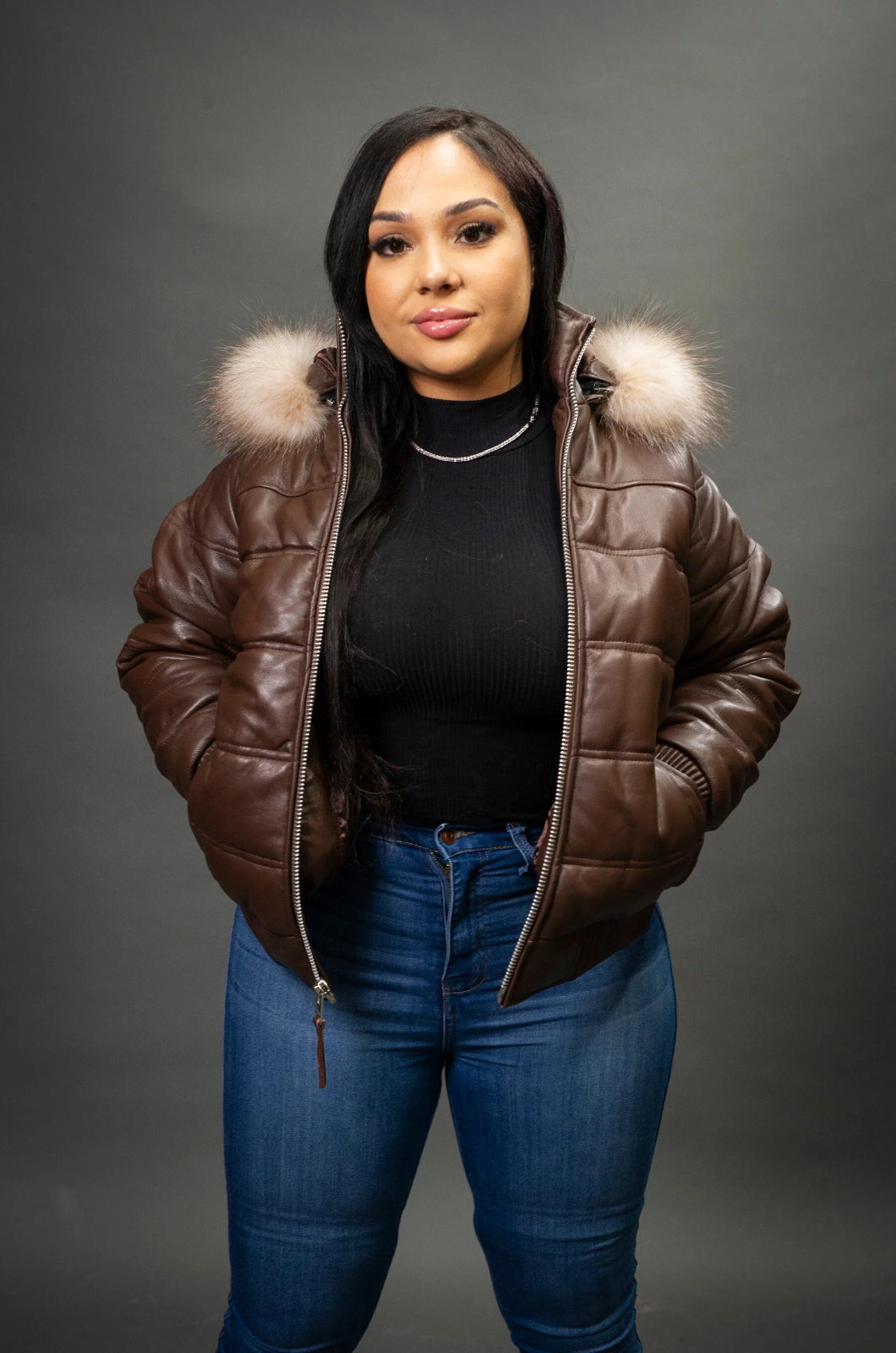 Women's Leather Snorkel Fur Hood Bomber Jacket [Dark Brown]