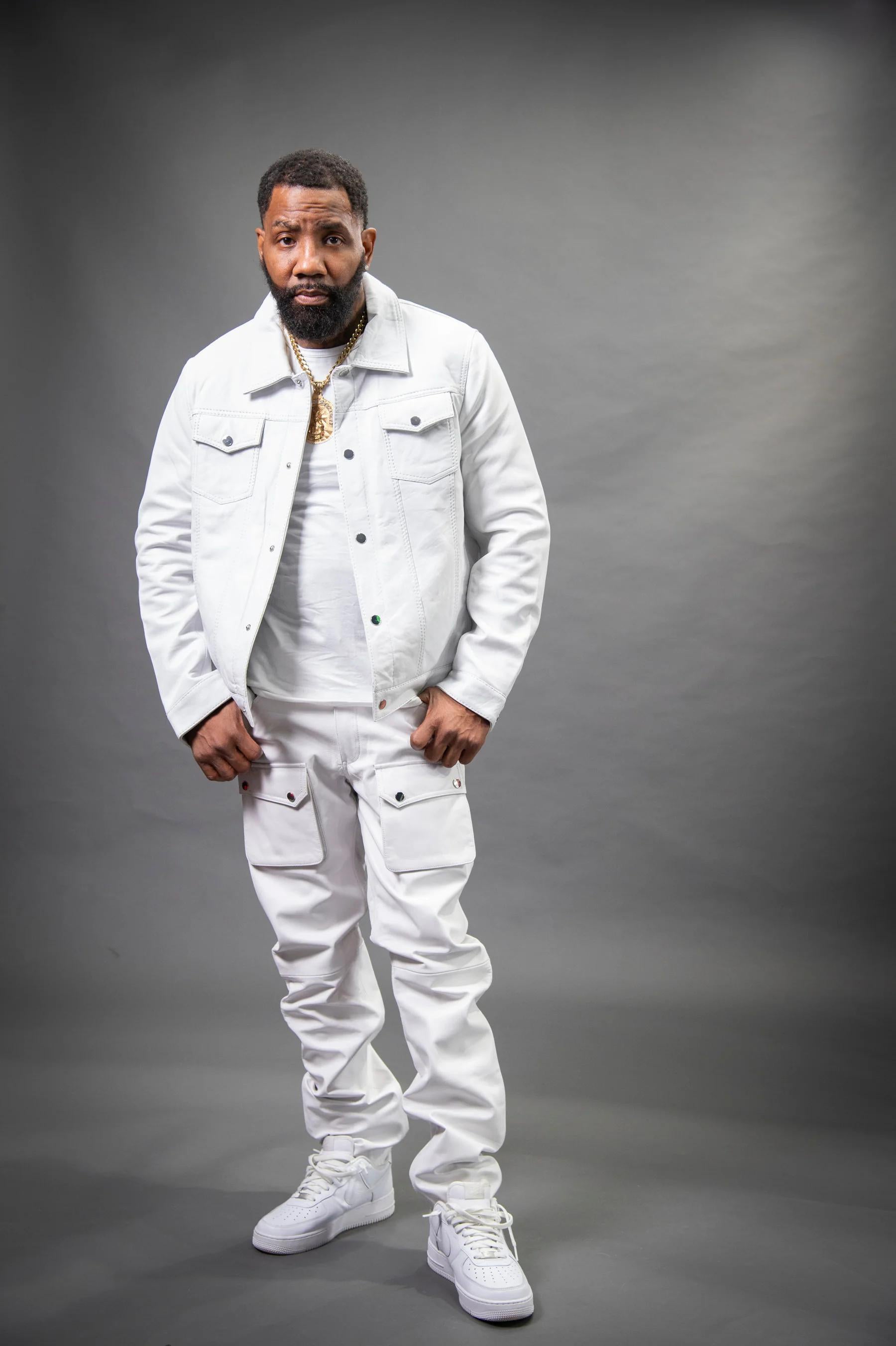 Men's Safari Leather Jacket And Cargo Pants Set [White]