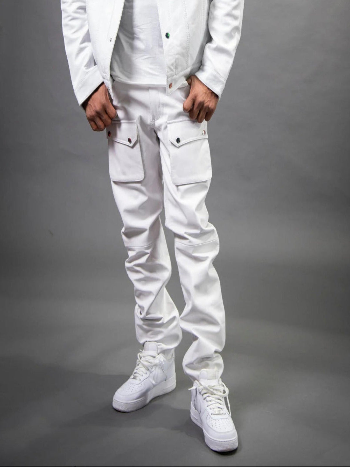 Men's Genuine Cargo Style Leather Pants [White]