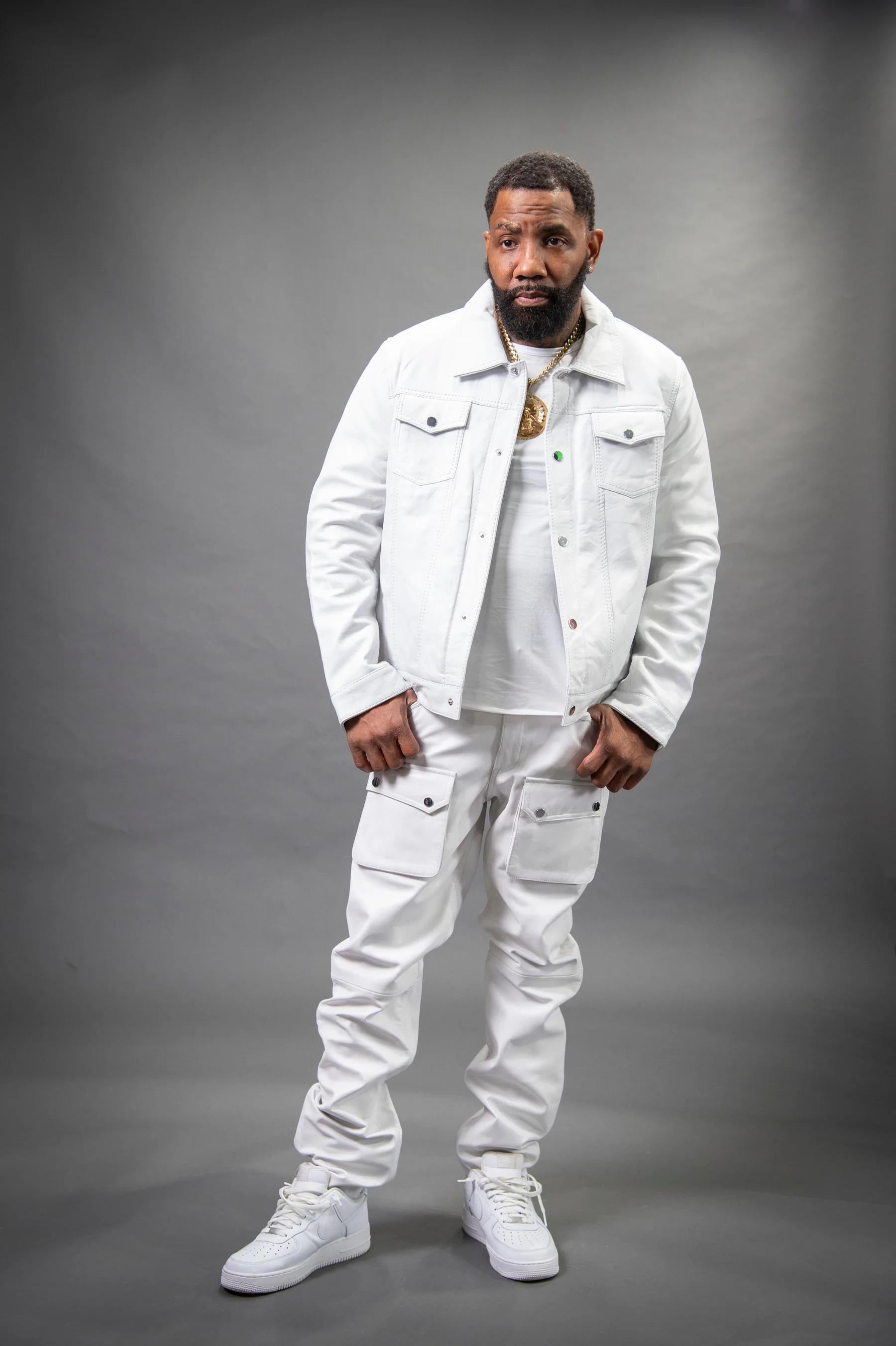 Men's Genuine Cargo Style Leather Pants [White]