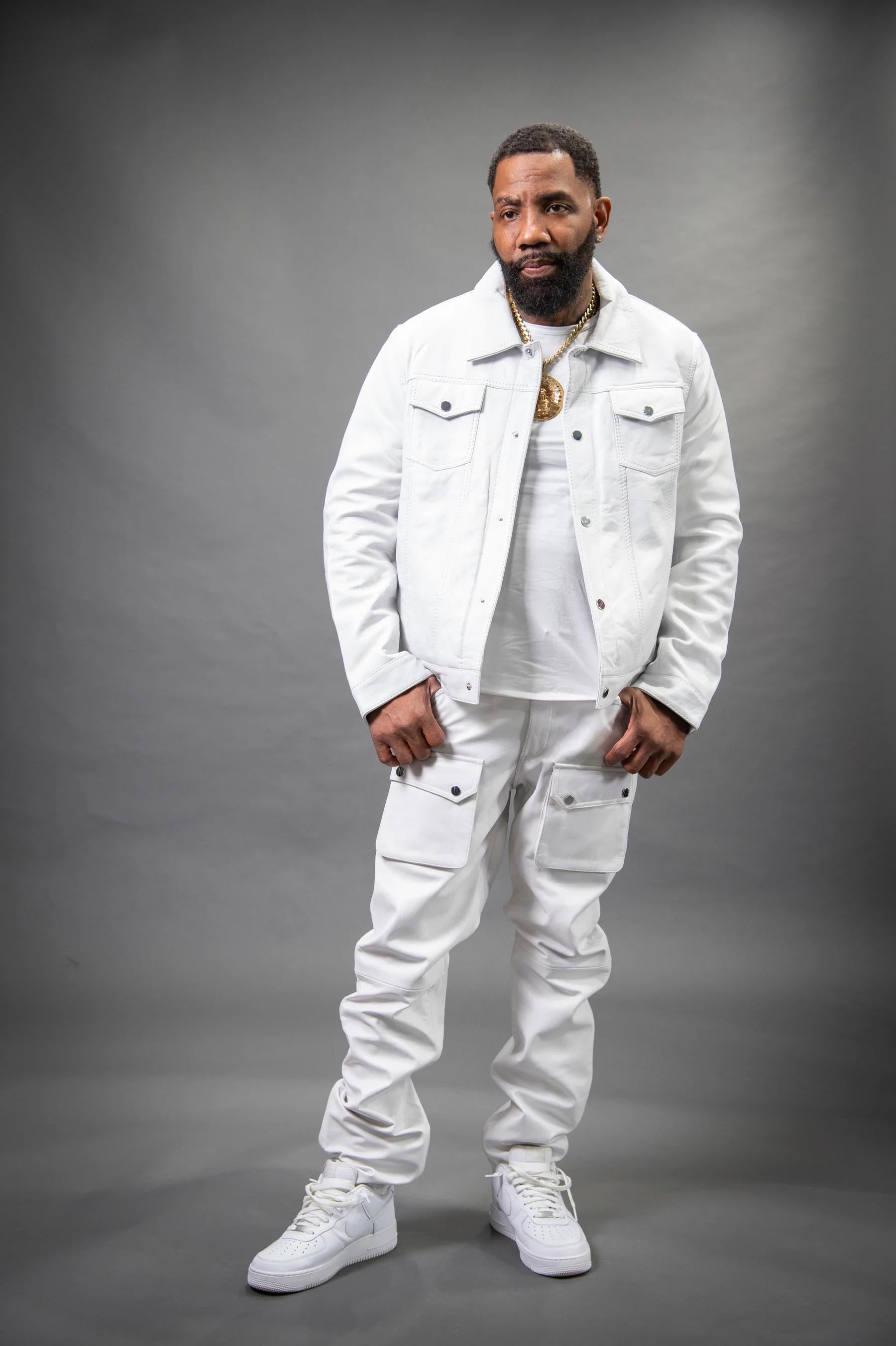 Men's Safari Leather Jacket And Cargo Pants Set [White]