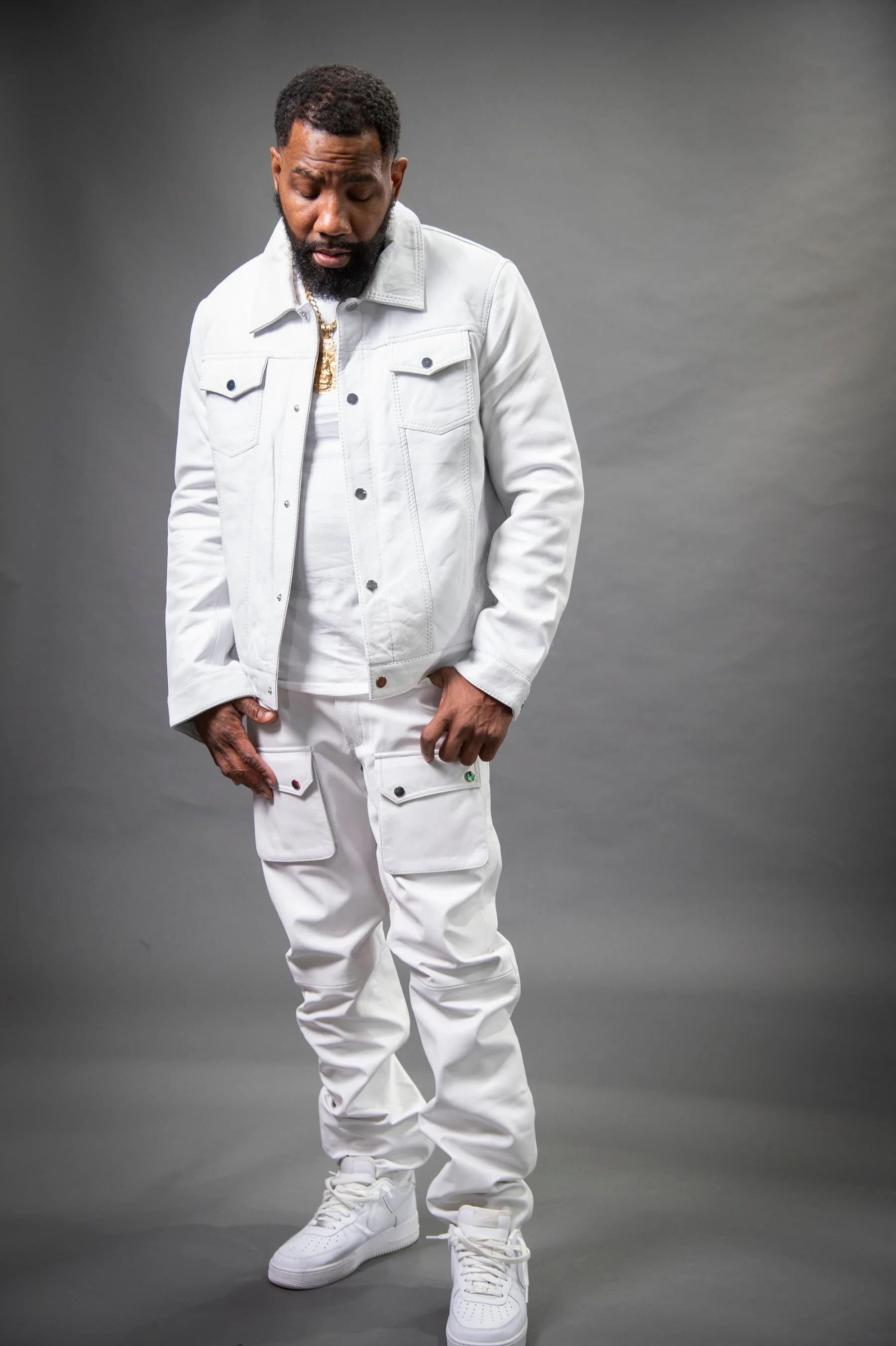 Men's Safari Leather Jacket And Cargo Pants Set [White]