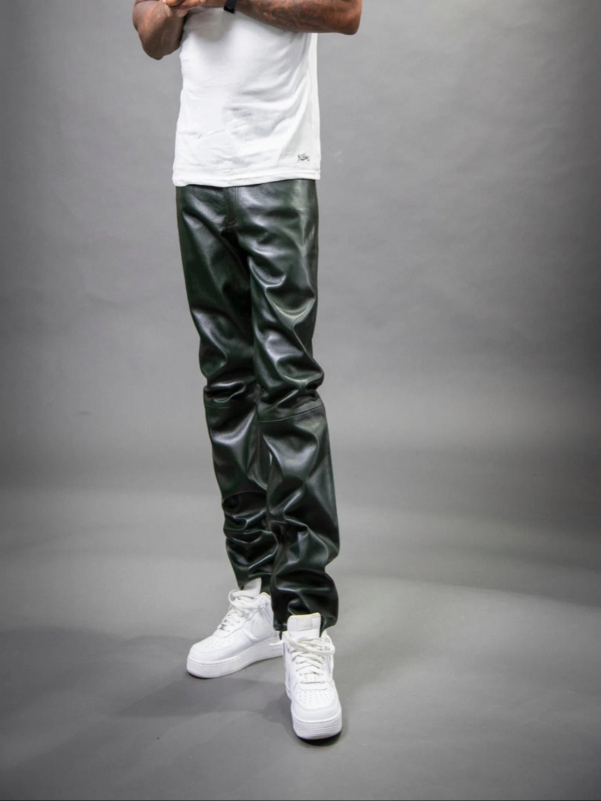 Men's Genuine Plain Leather Pants [Olive]
