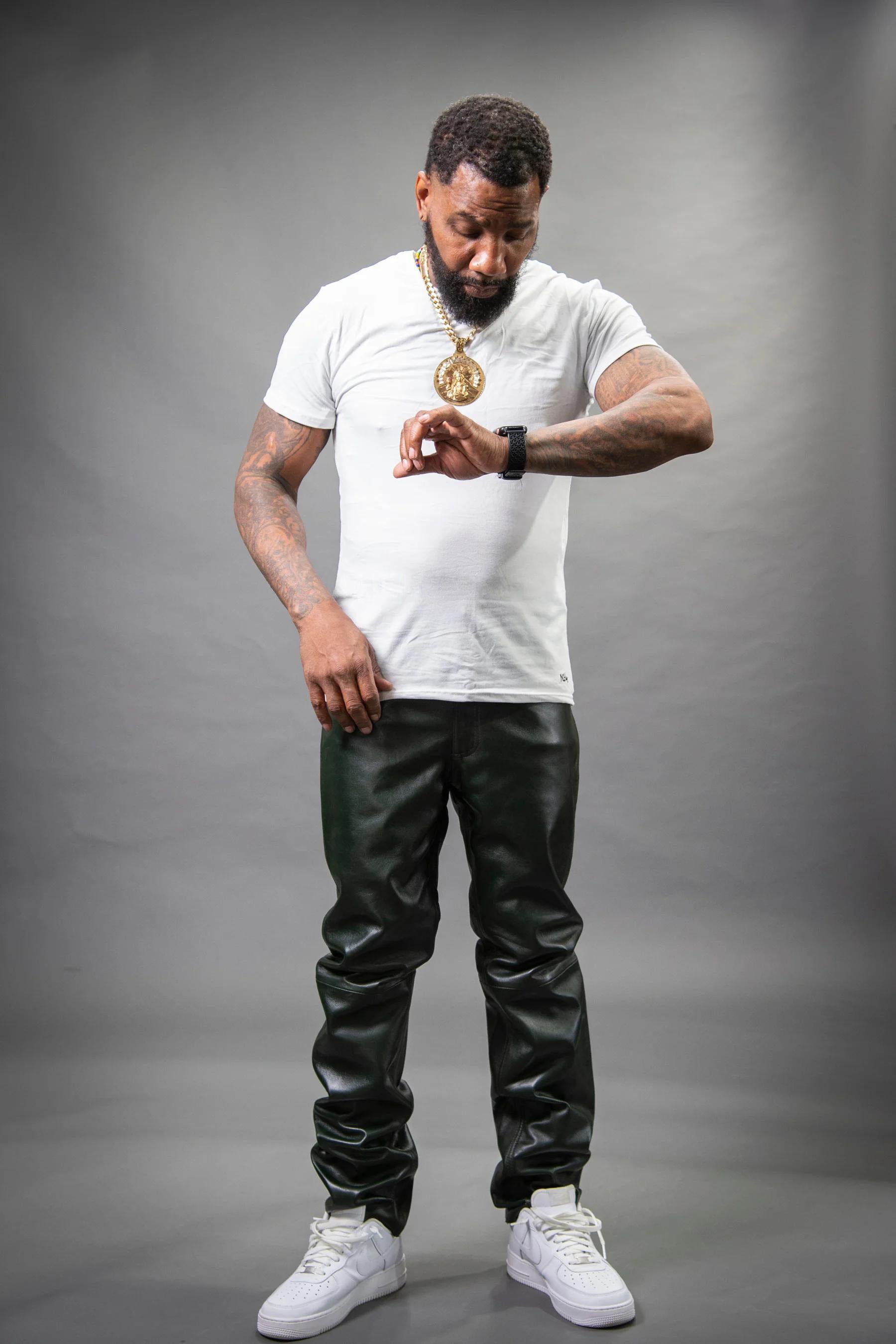 Men's Genuine Plain Leather Pants [Olive]