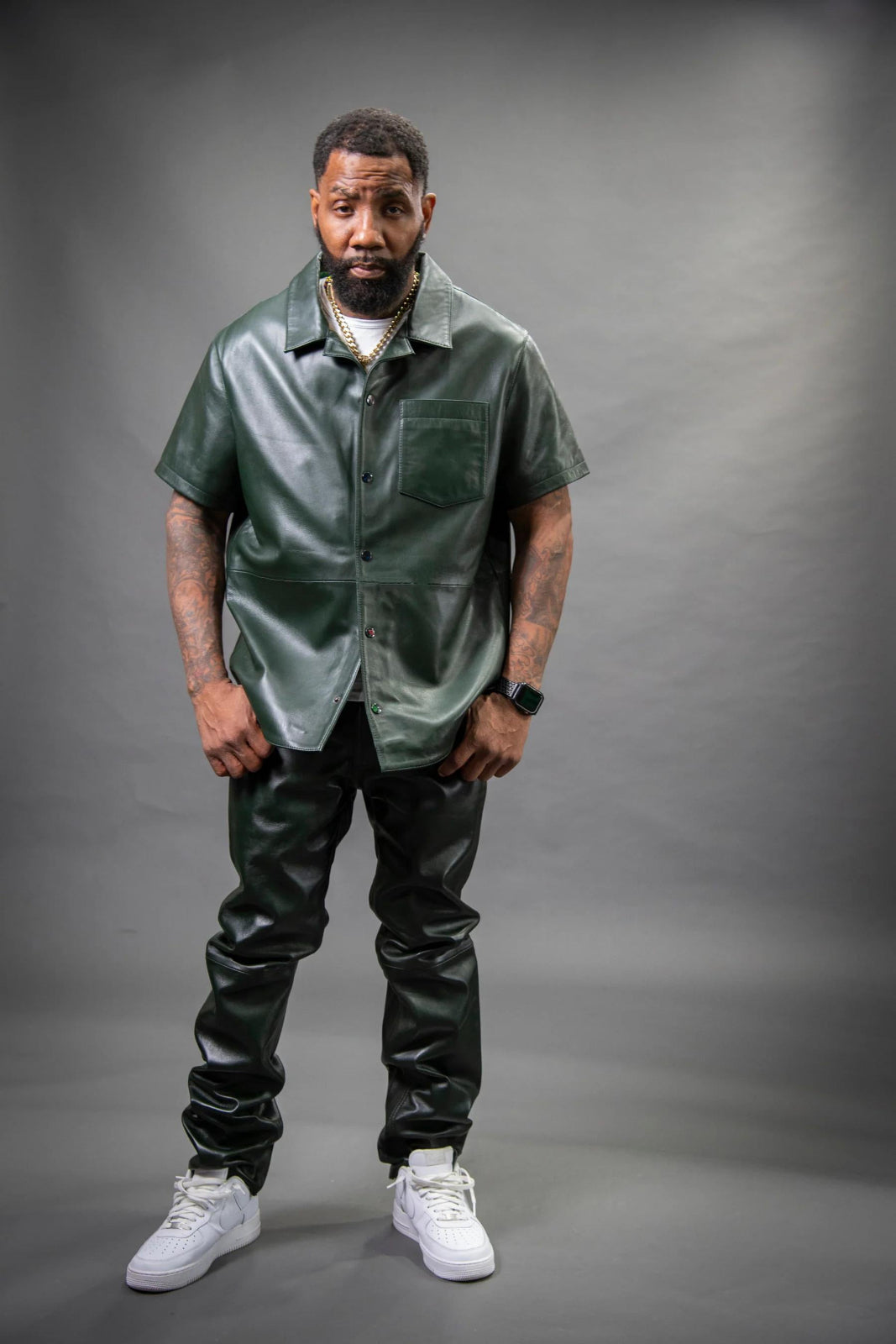 Men's Real Leather Short Sleeve Shirt And Pants Track Suit [Olive]