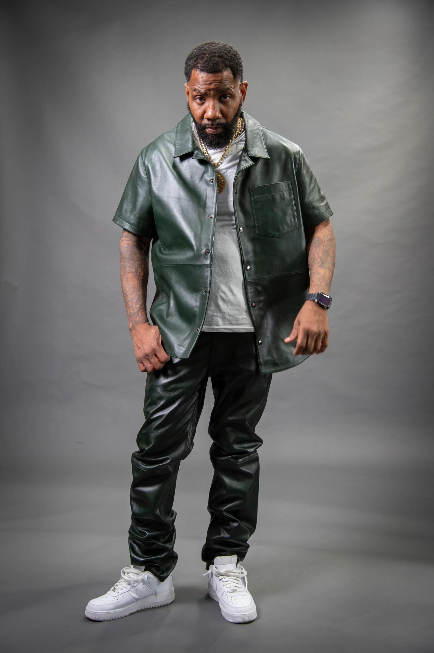 Men's Real Leather Short Sleeve Shirt And Pants Track Suit [Olive]