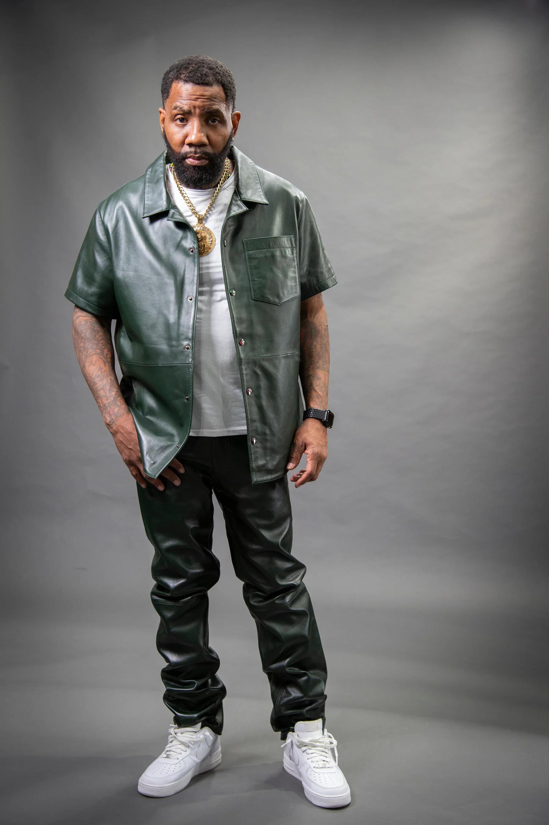 Men's Real Leather Short Sleeve Shirt And Pants Track Suit [Olive]