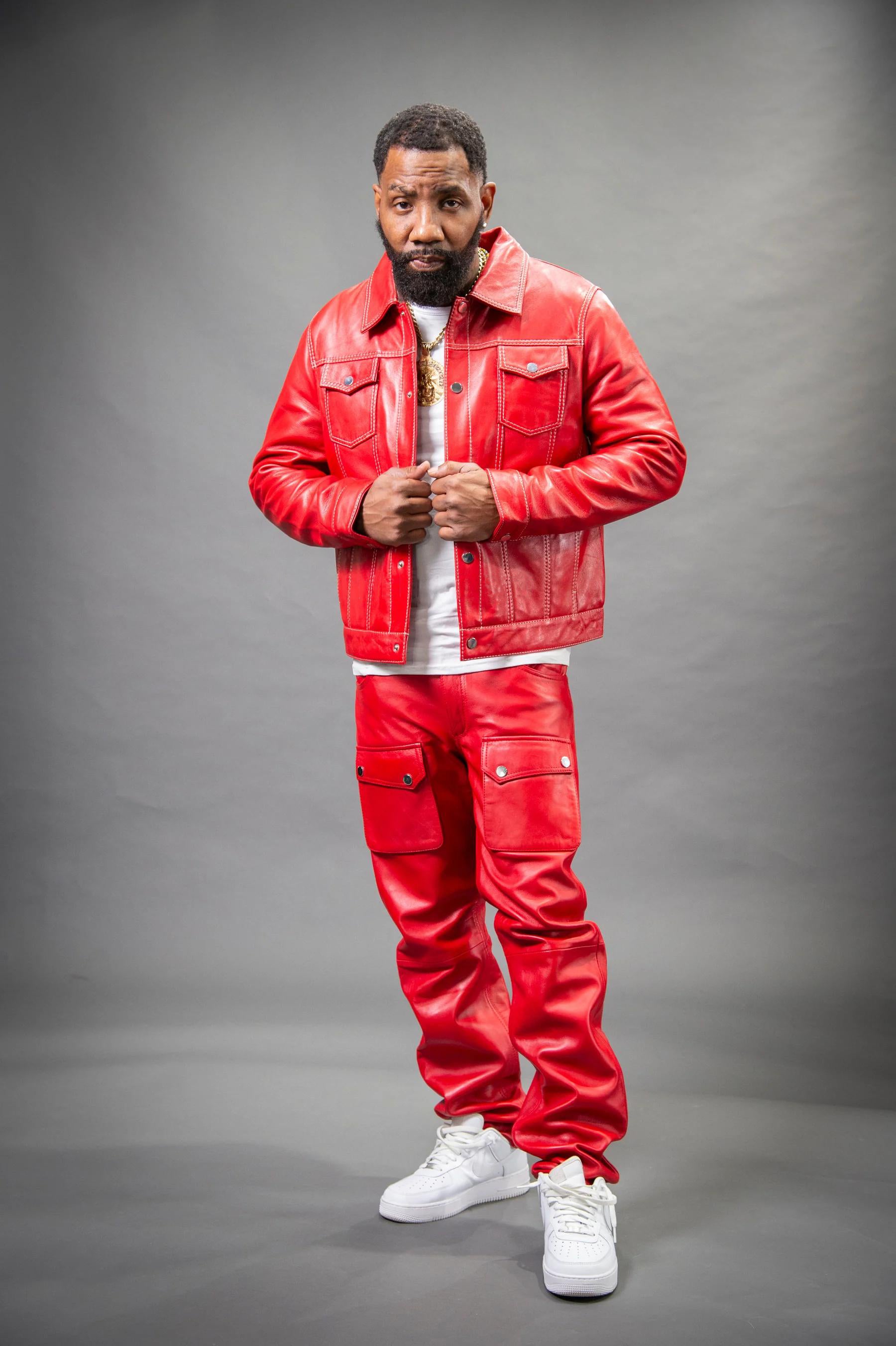 Men's Safari Leather Jacket And Cargo Pants Set [Red]
