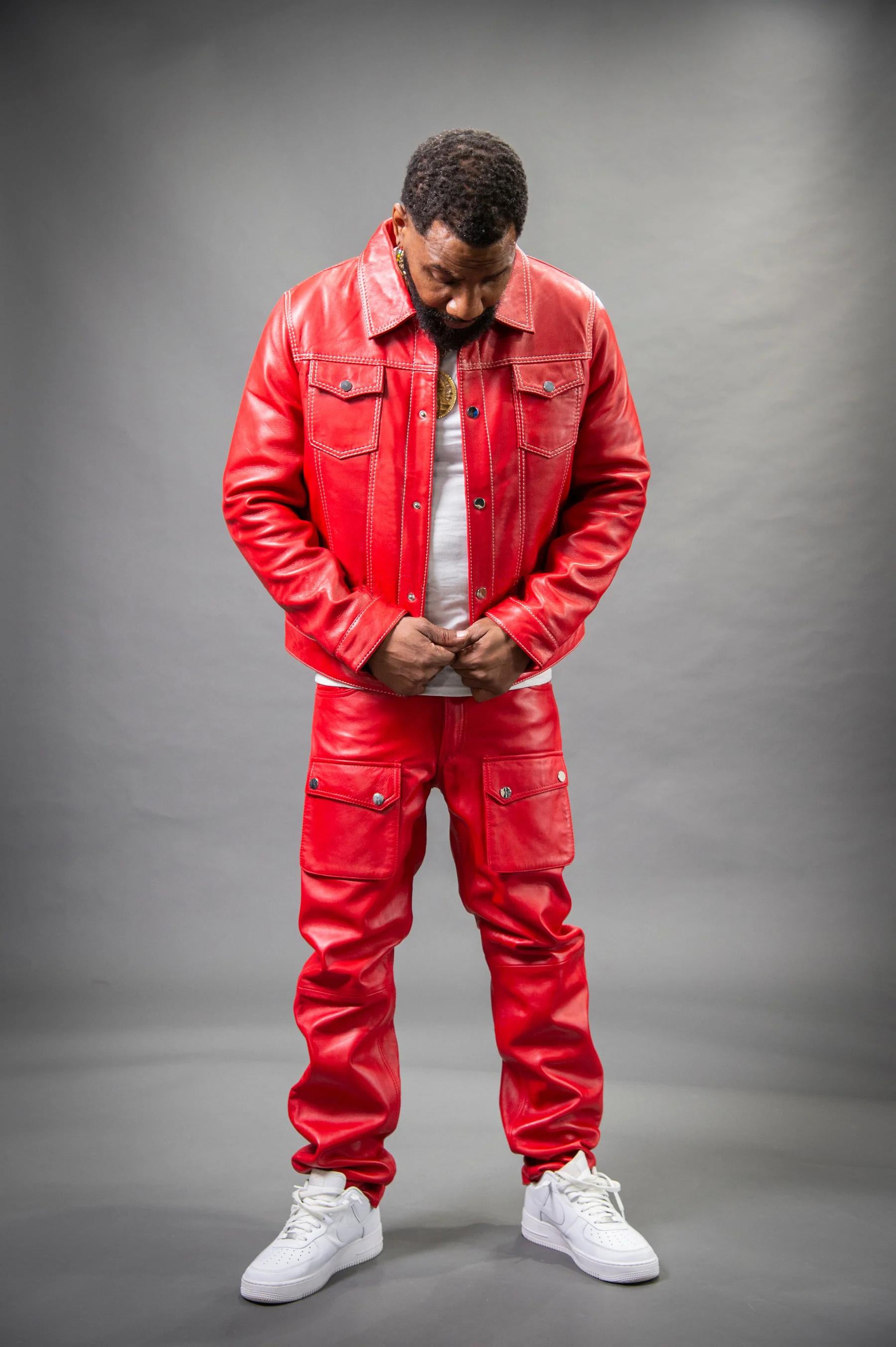 Men's Safari Leather Jacket And Cargo Pants Set [Red]