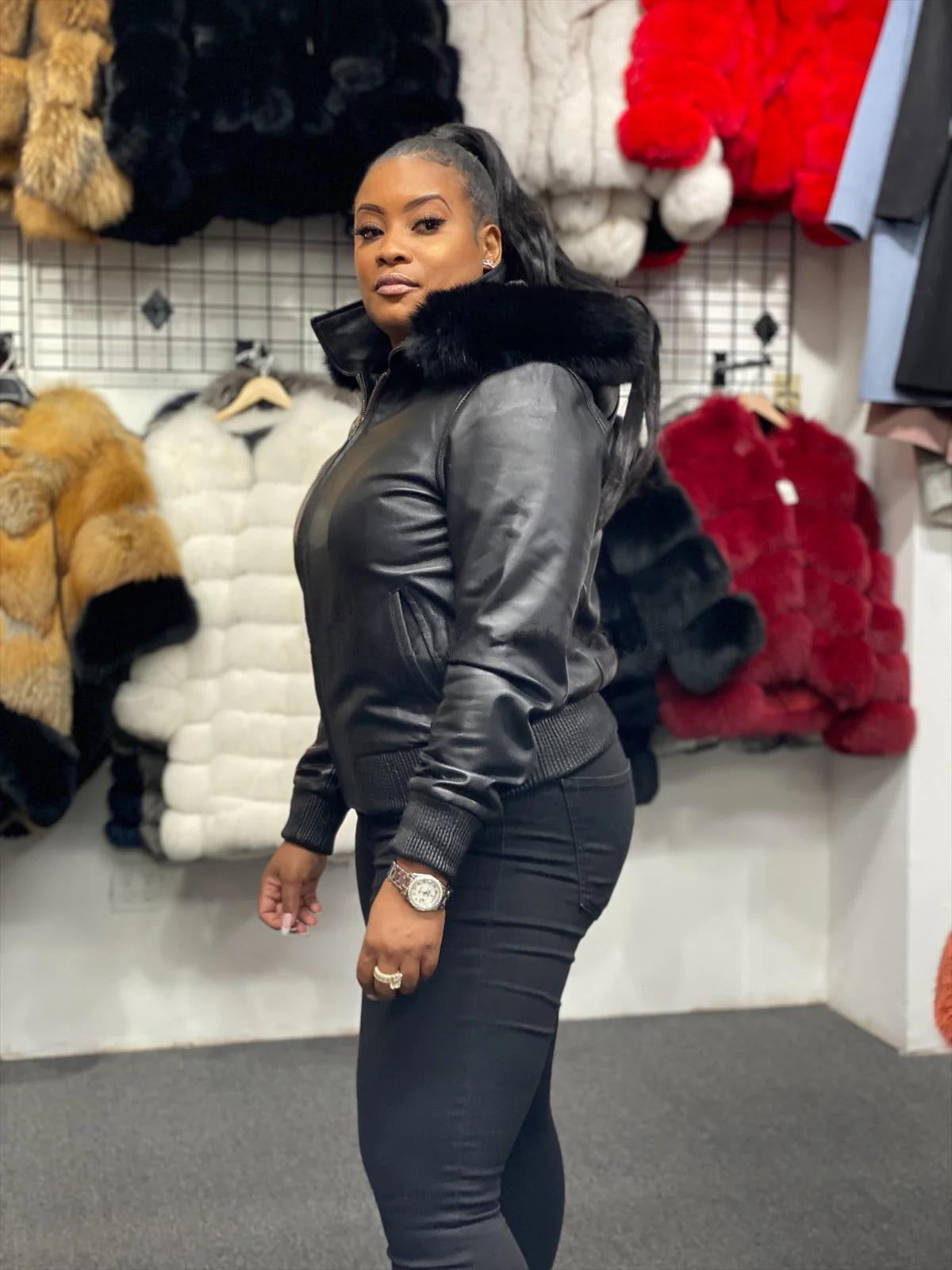 Women's Genuine Leather Fur Hood Jacket [Black]