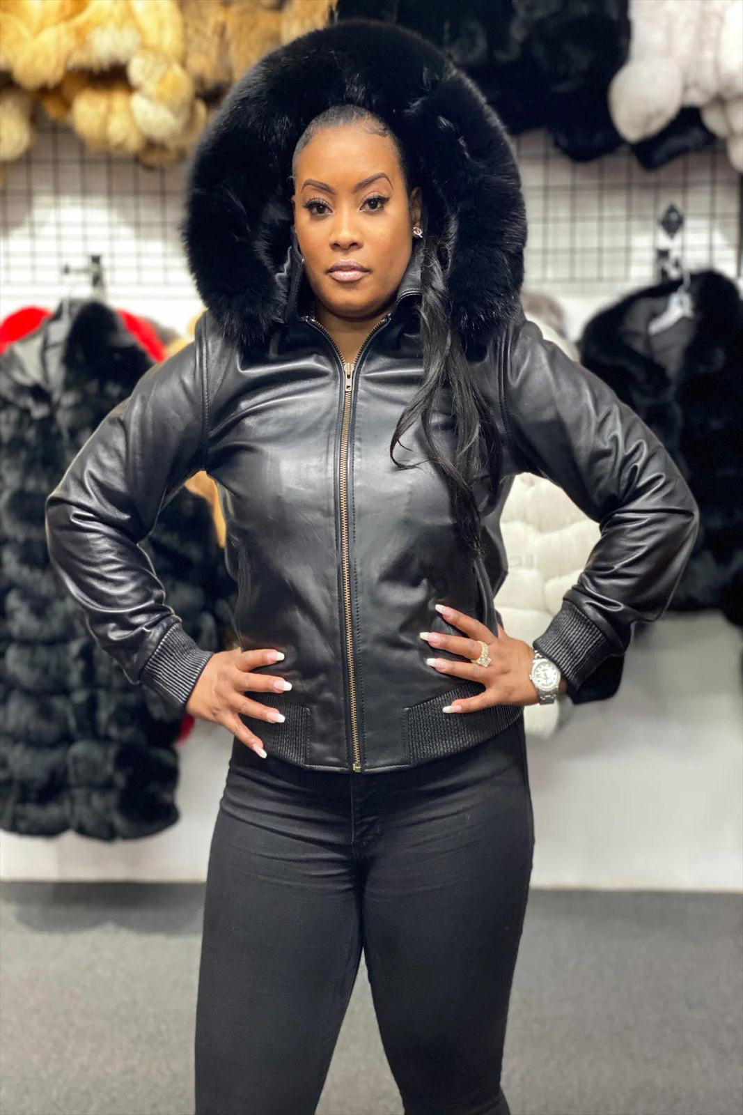 Women's Genuine Leather Fur Hood Jacket [Black]