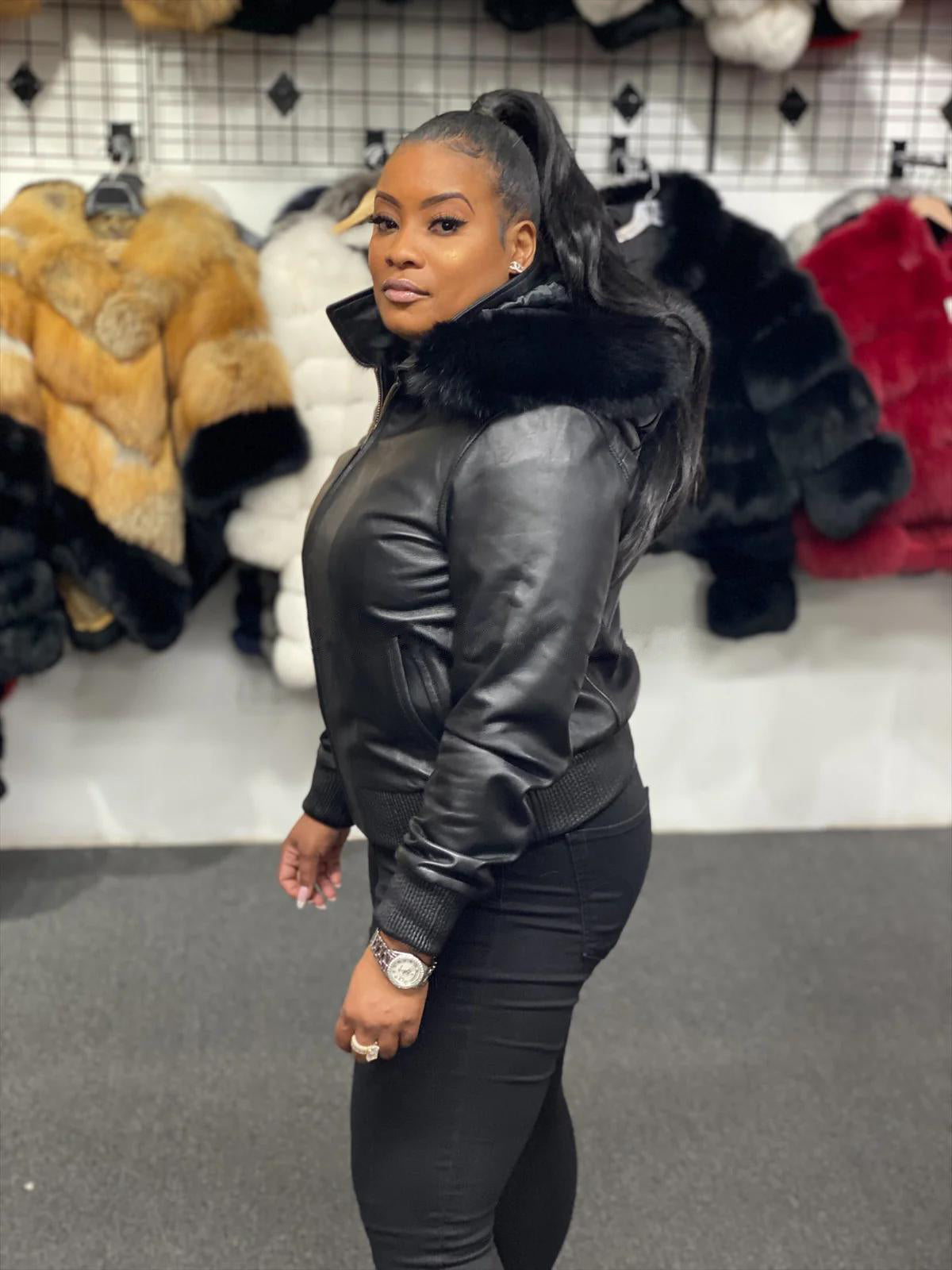 Women's Genuine Leather Fur Hood Jacket [Black]