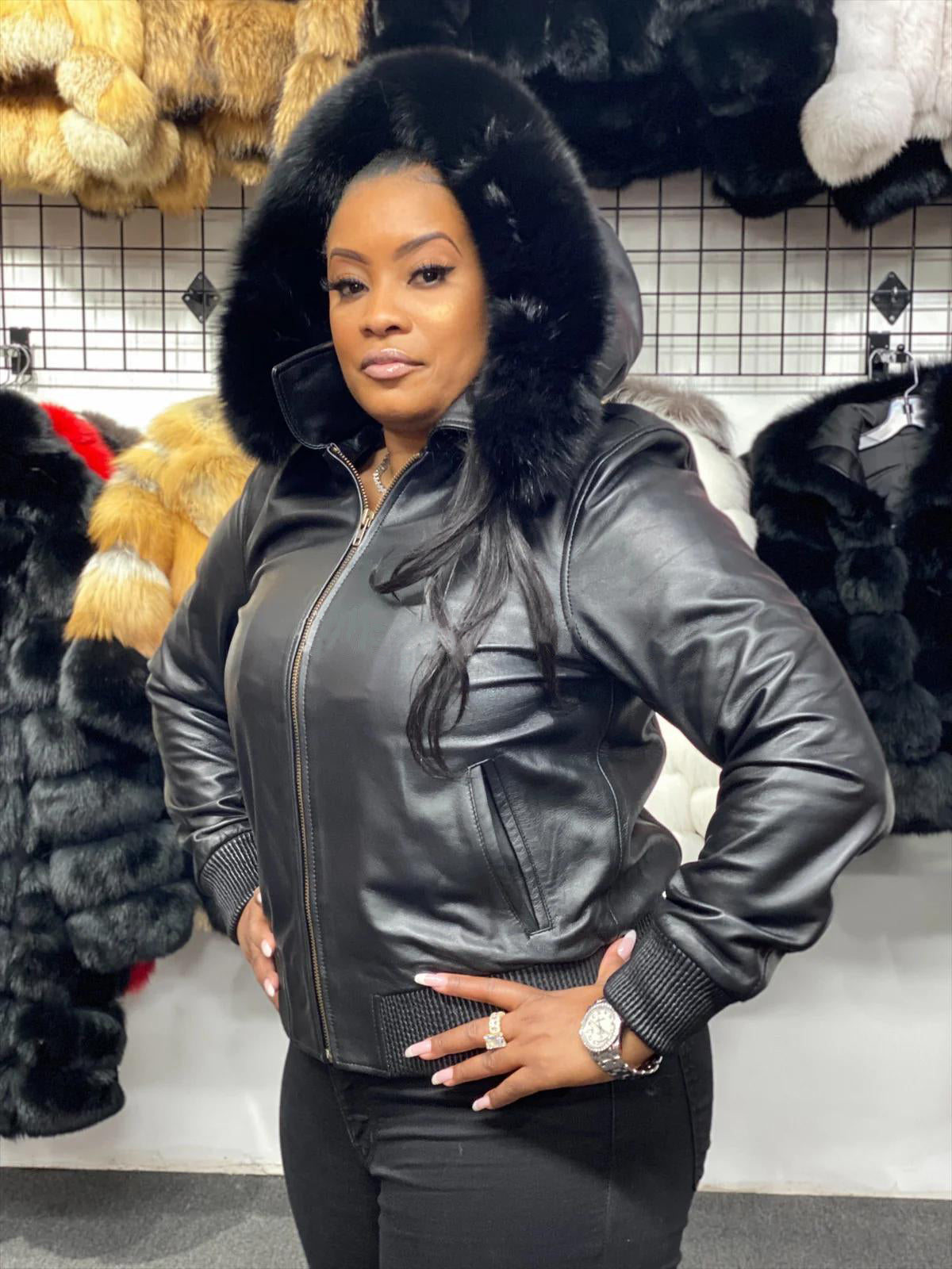 Women's Genuine Leather Fur Hood Jacket [Black]