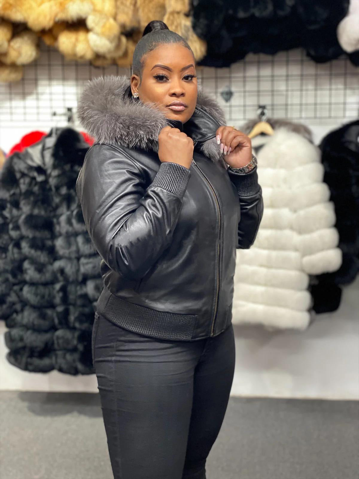 Women's Genuine Leather Fur Hood Jacket [Grey]