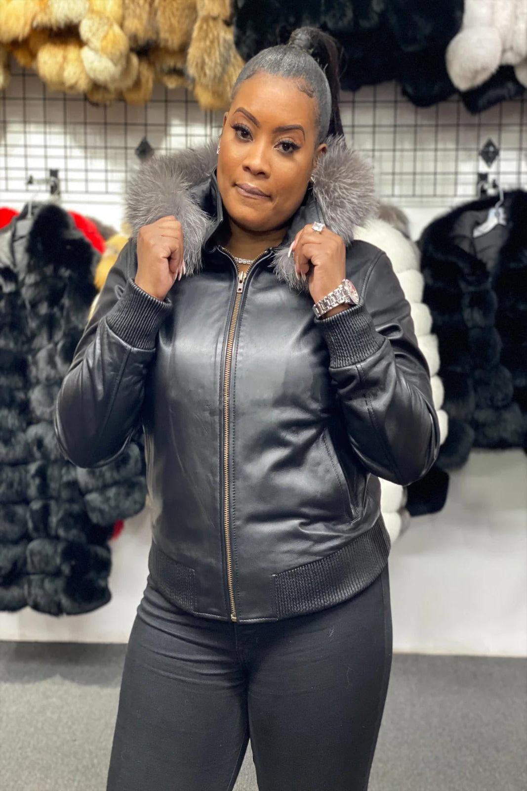 Women's Genuine Leather Fur Hood Jacket [Grey]