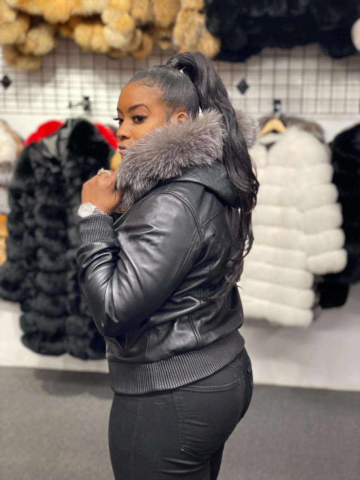 Women's Genuine Leather Fur Hood Jacket [Grey]