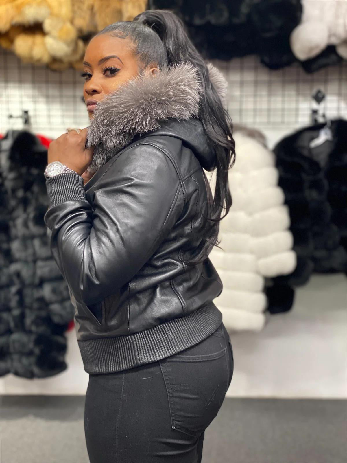 Women's Genuine Leather Fur Hood Jacket [Grey]