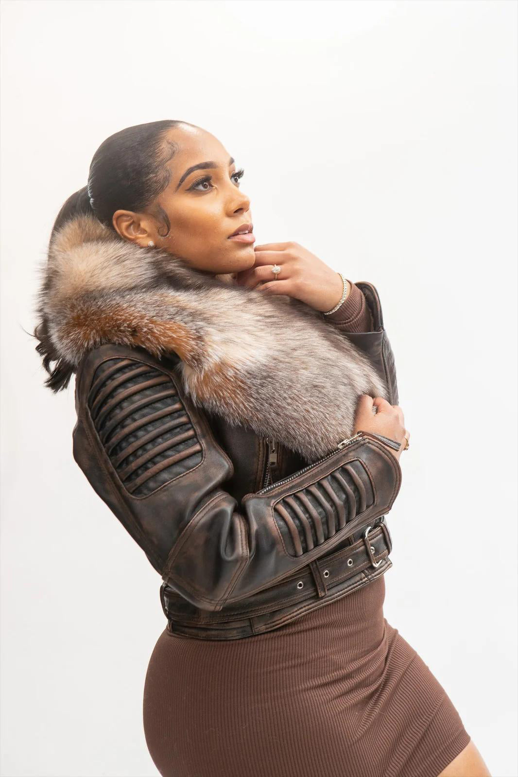 Women's Trey Biker Over-sized Fur Collar Leather Jacket [Dark Brown]