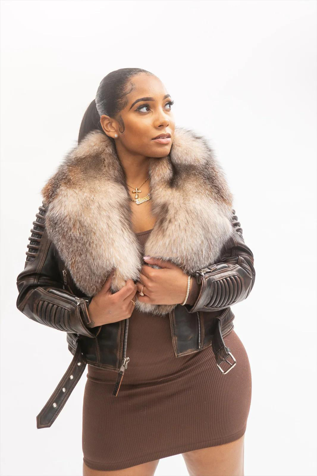 Women's Trey Biker Over-sized Fur Collar Leather Jacket [Dark Brown]