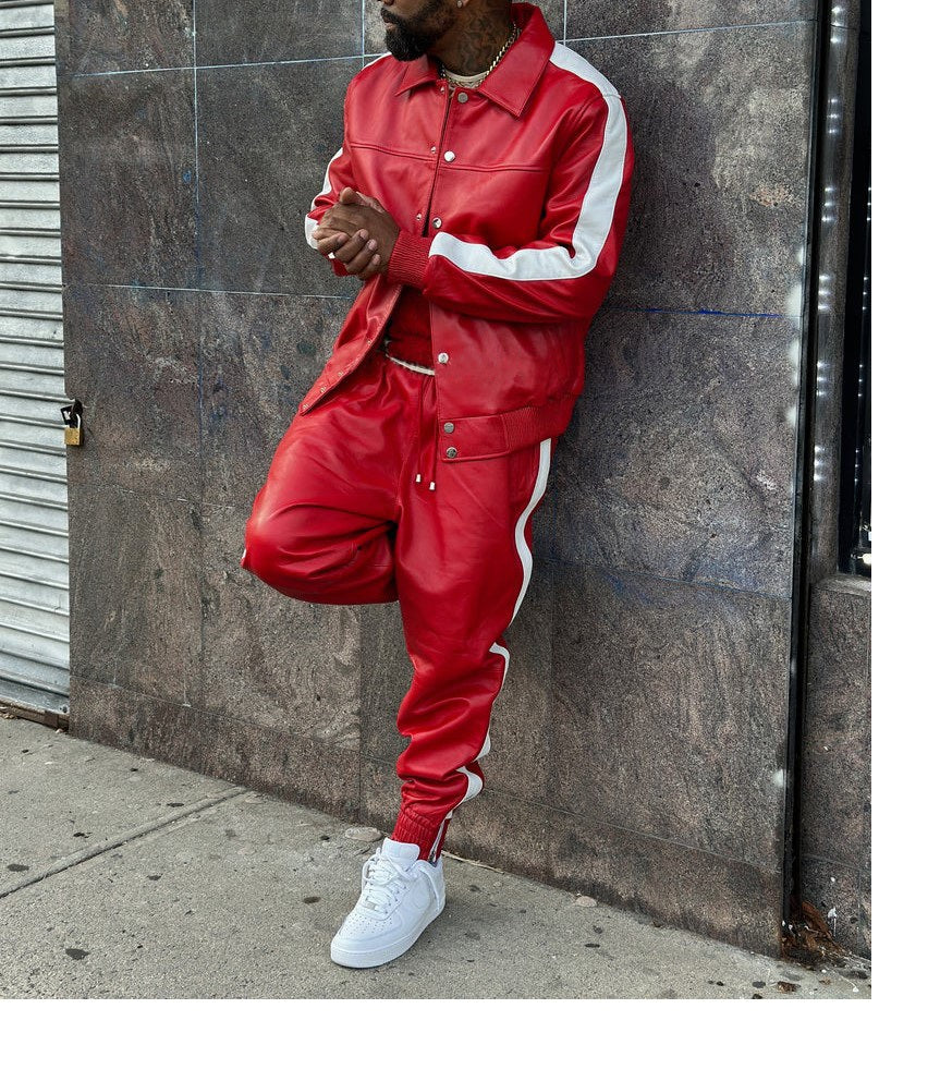 Men's Leather Jogging Track Suit Sweat Suit [Red/White]