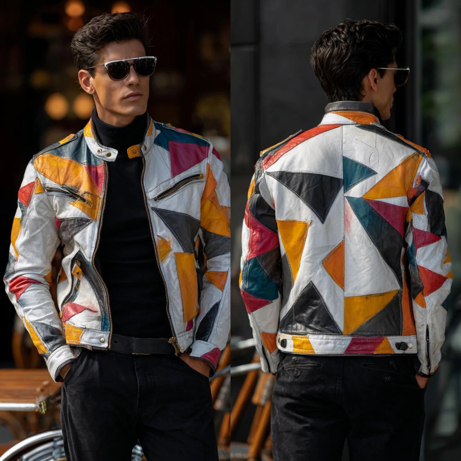 Men’s Handmade Patchwork Leather Jacket and black short set