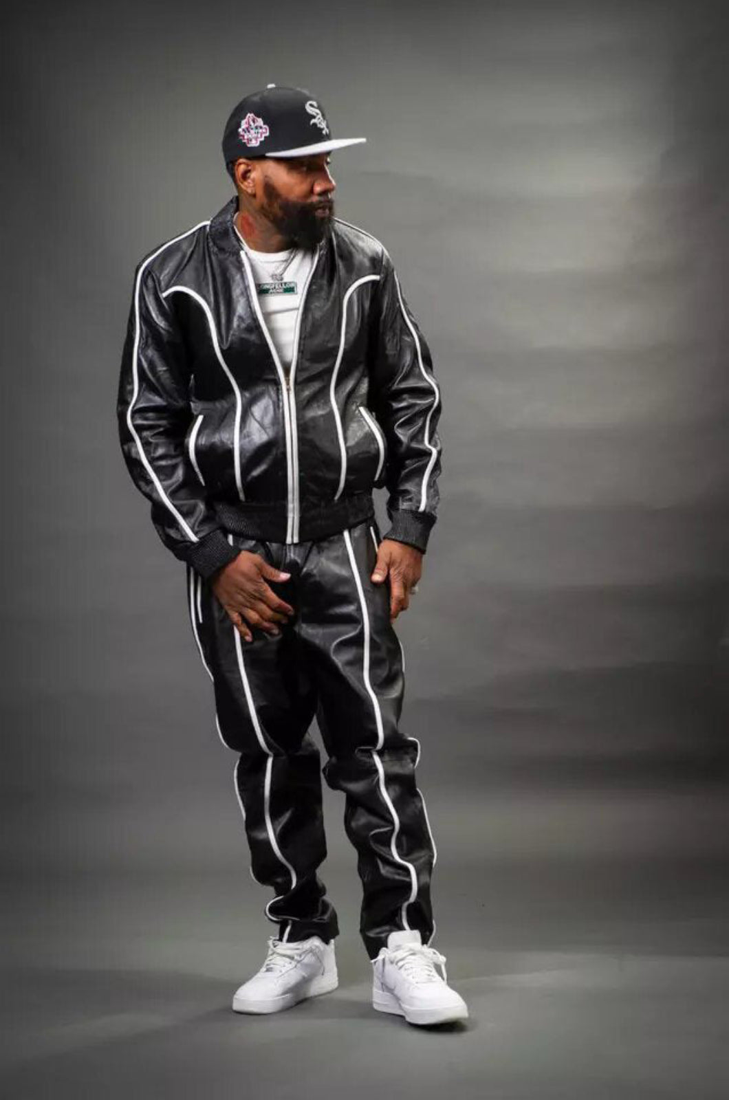 Men's Black/White Genuine Leather Tracksuit | Sweat Suit