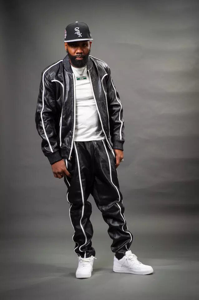 Men's Black/White Genuine Leather Tracksuit | Sweat Suit