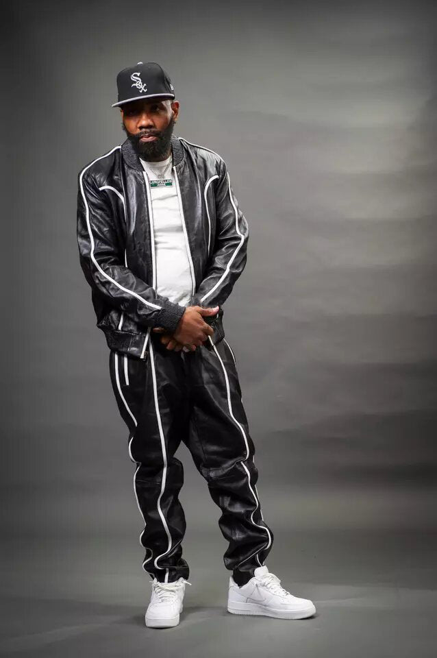 Men's Black/White Genuine Leather Tracksuit | Sweat Suit