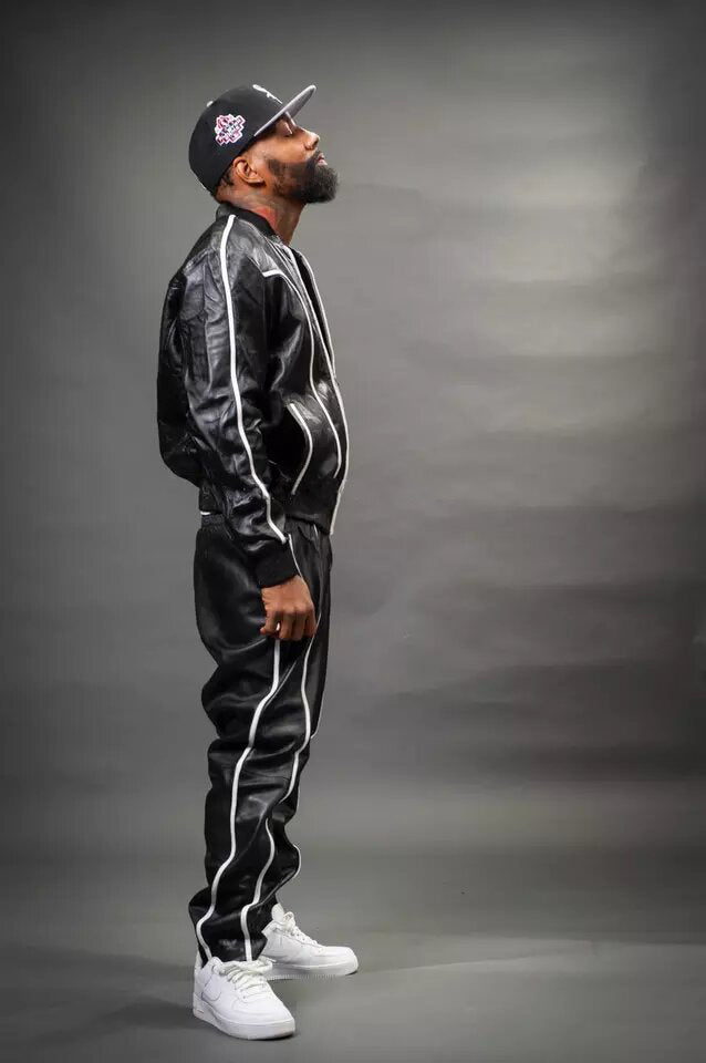 Men's Black/White Genuine Leather Tracksuit | Sweat Suit